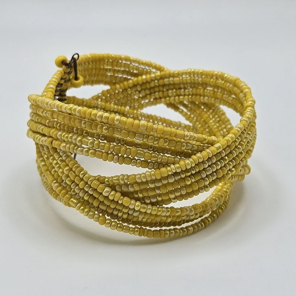VINTAGE Woven Braided Yellow Glass Seed Bead Boho Memory Wire Cuff Bracelet